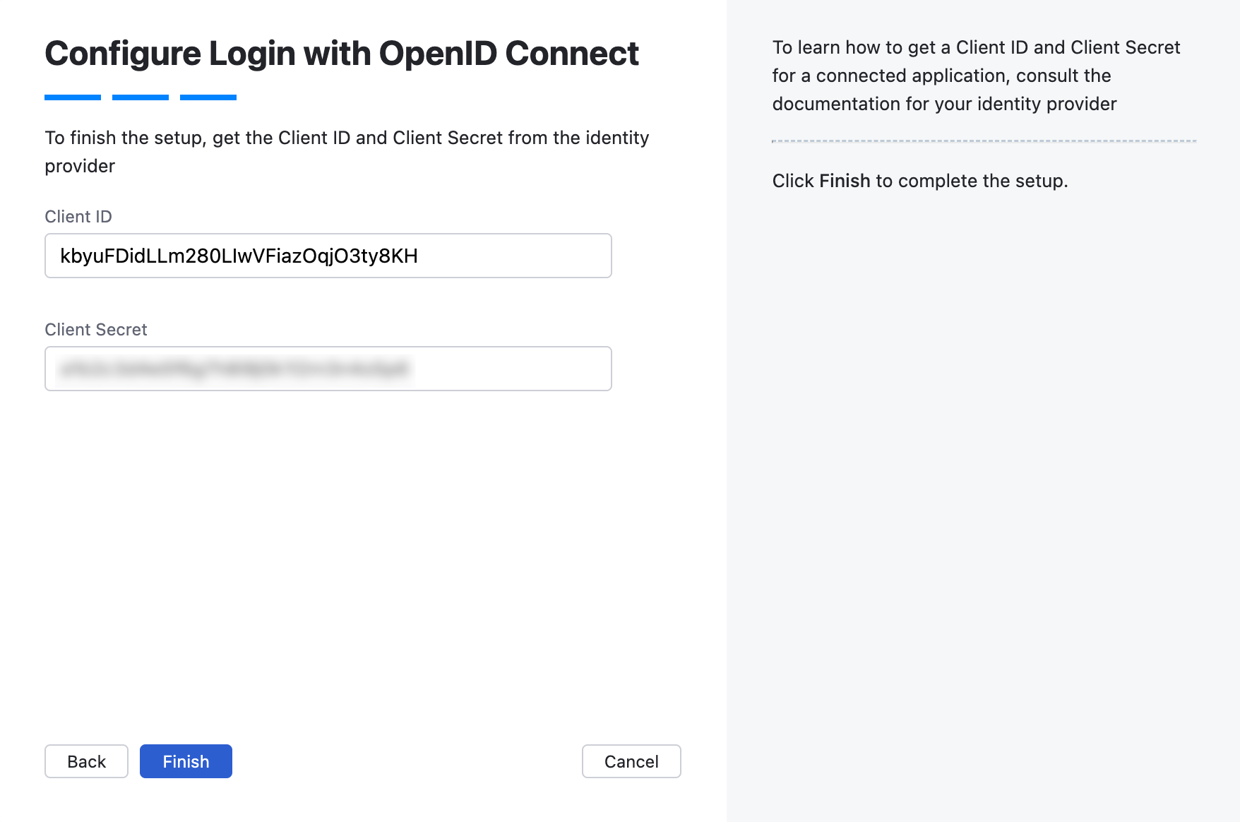 Wizard step for Client ID and Client secret. Wizard step for Client ID and Client secret.