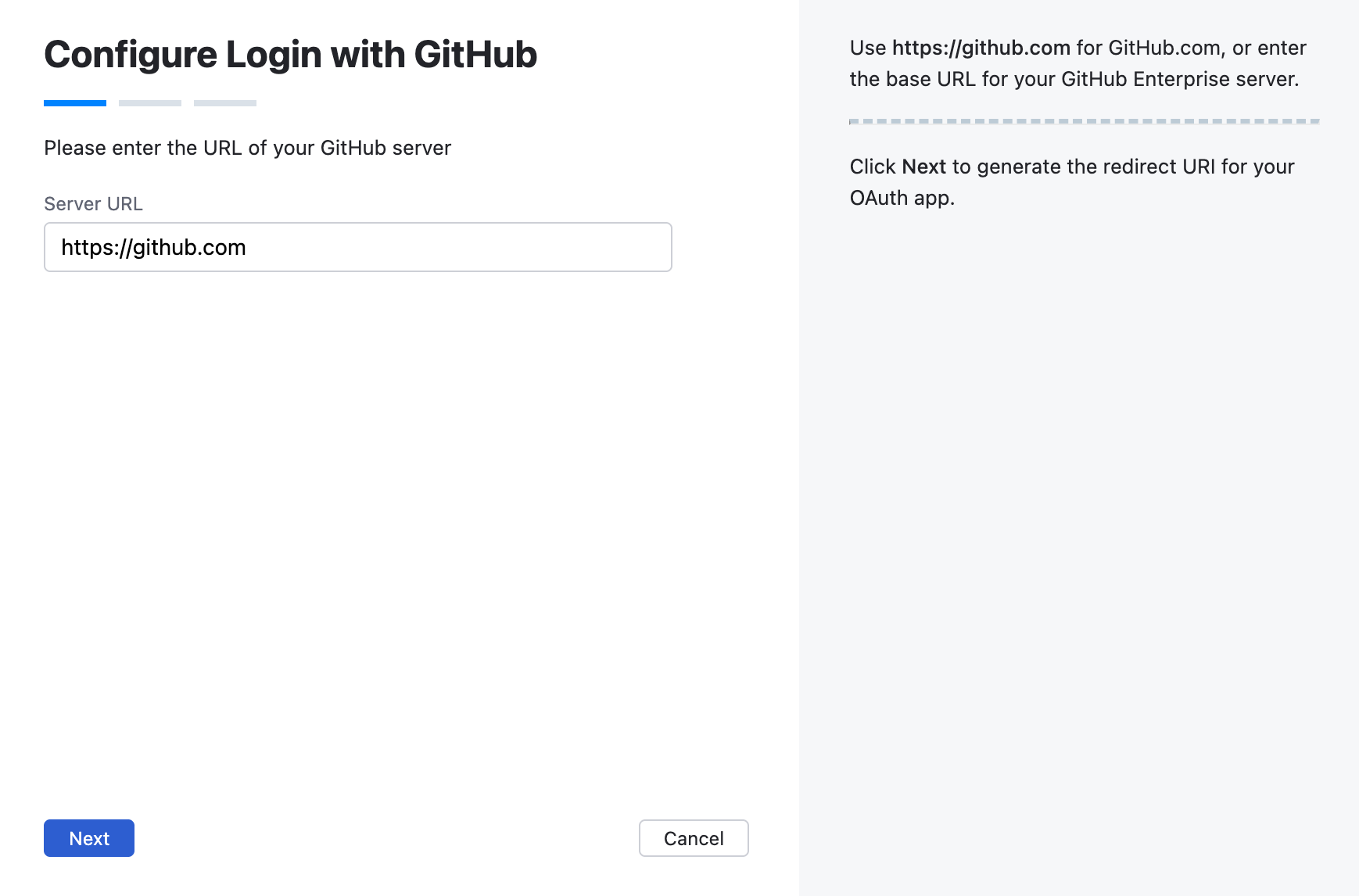 Wizard step for GitHub server URL.