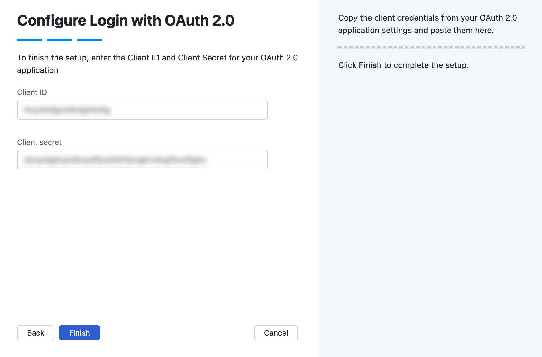 Wizard step for Client ID and Client secret. Wizard step for Client ID and Client secret.