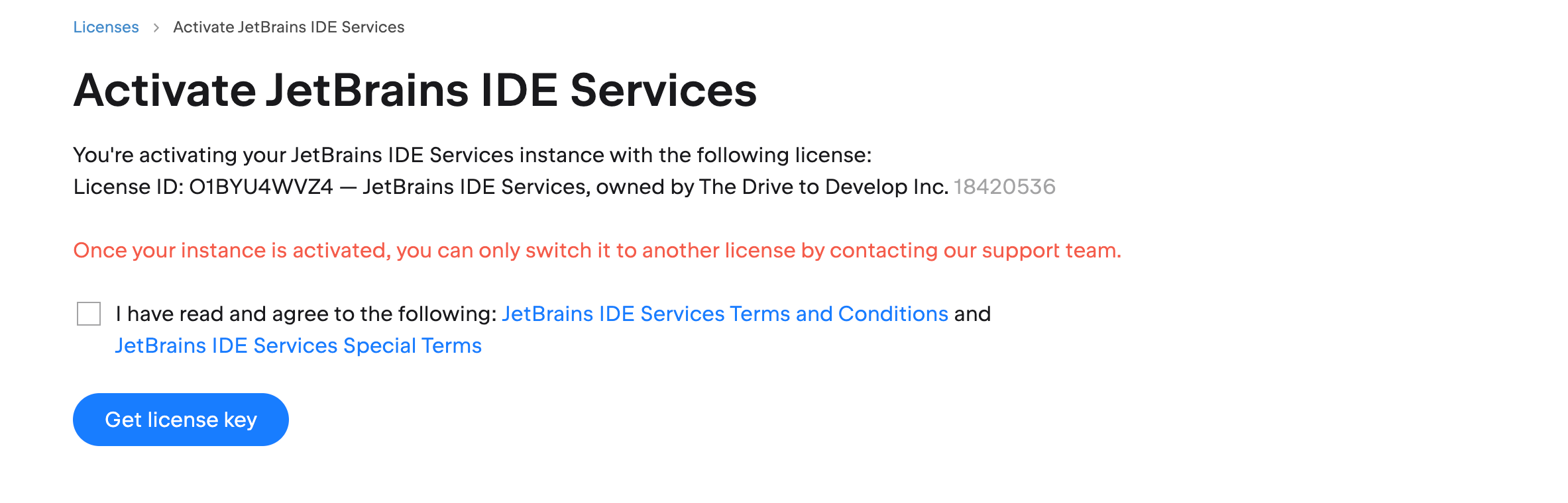 The IDE Services license activation page The IDE Services license activation page