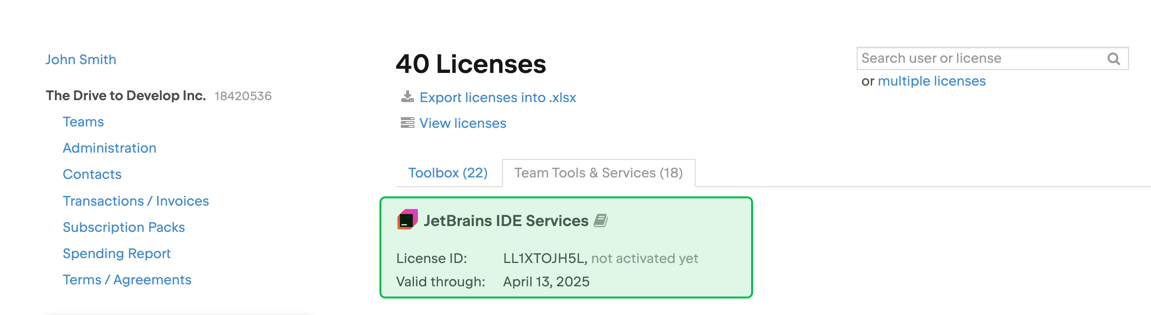 The IDE Services license card in your JetBrains Account The IDE Services license card in your JetBrains Account