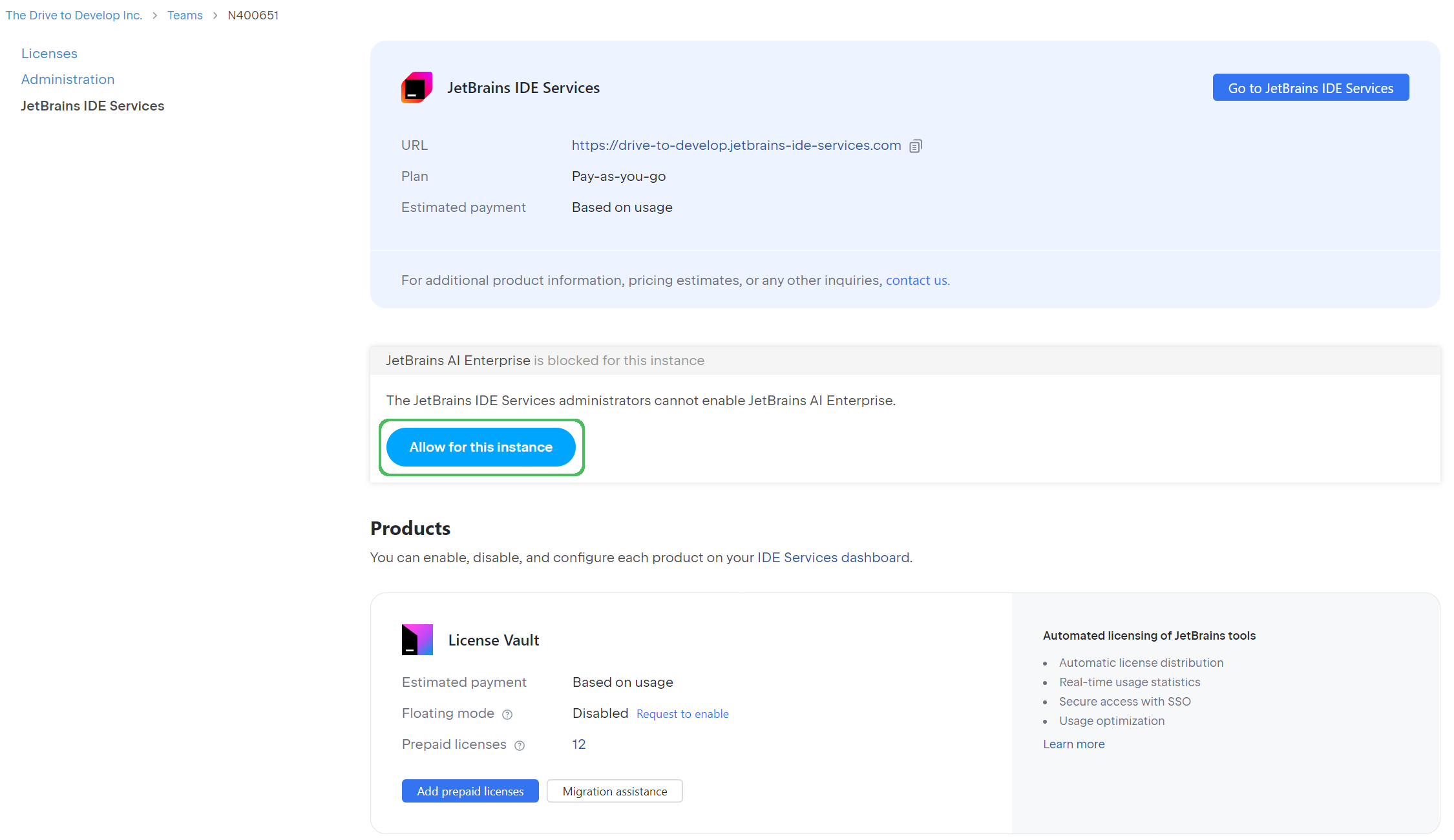 The button to allow AI Enterprise for your IDE Services instance The button to allow AI Enterprise for your IDE Services instance