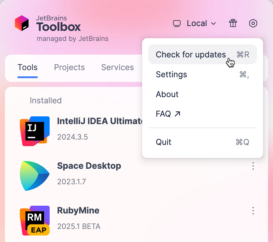 Check for updates in the Toolbox App Check for updates in the Toolbox App
