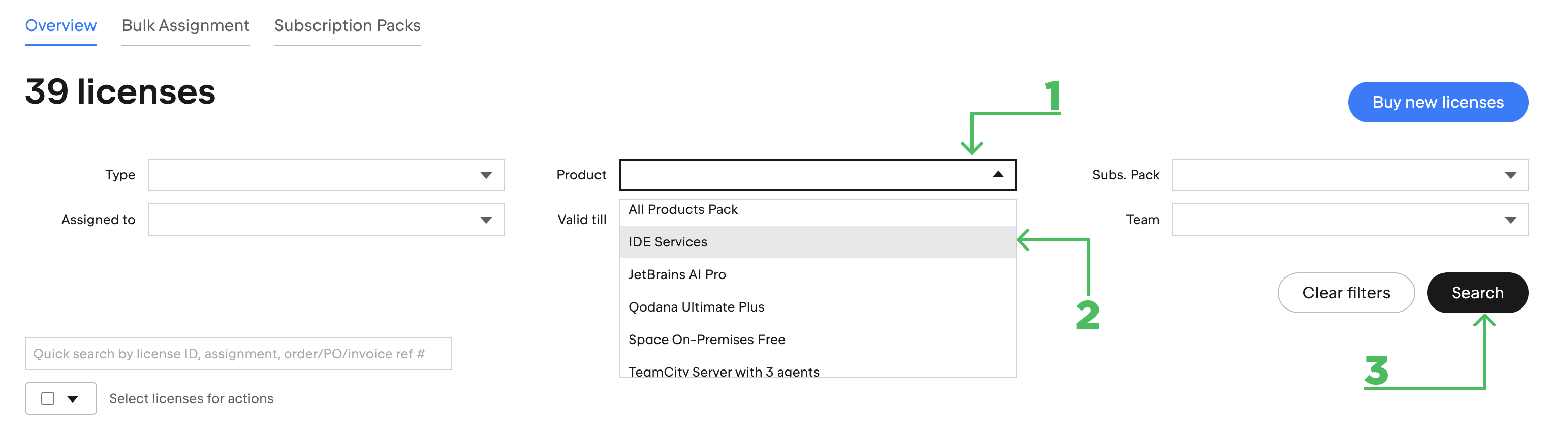 Using the license filter to locate your IDE Services license Using the license filter to locate your IDE Services license