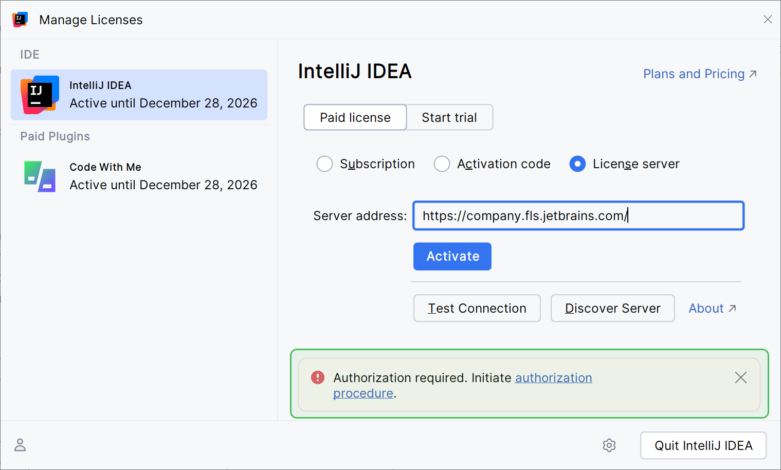 The 'Authorization required' message in the activation dialog The 'Authorization required' message in the activation dialog