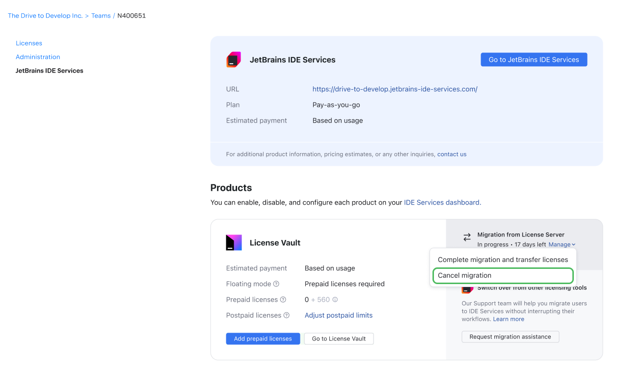 Cancel migration menu option Cancel migration menu option