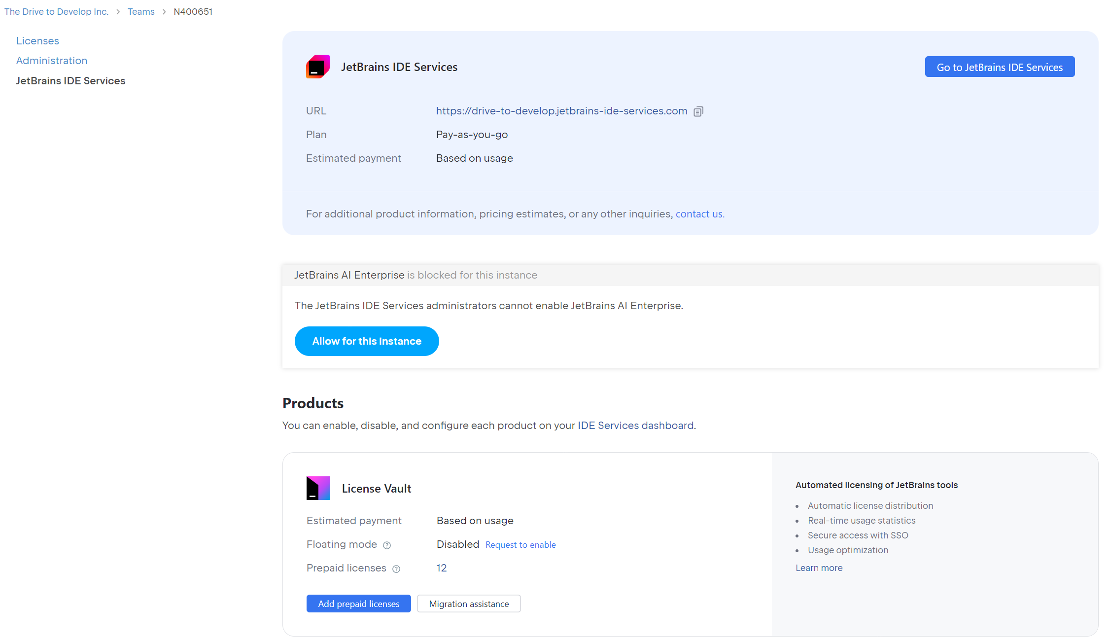 The IDE Services management page in JetBrains Account The IDE Services management page in JetBrains Account