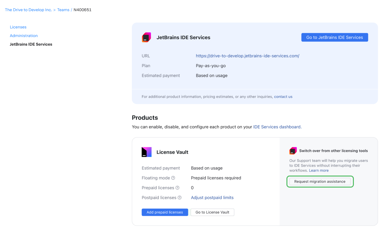 The button to request migration assistance The button to request migration assistance