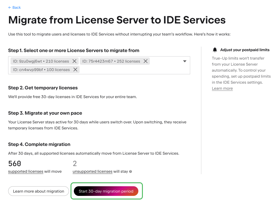Button to start the migration period Button to start the migration period