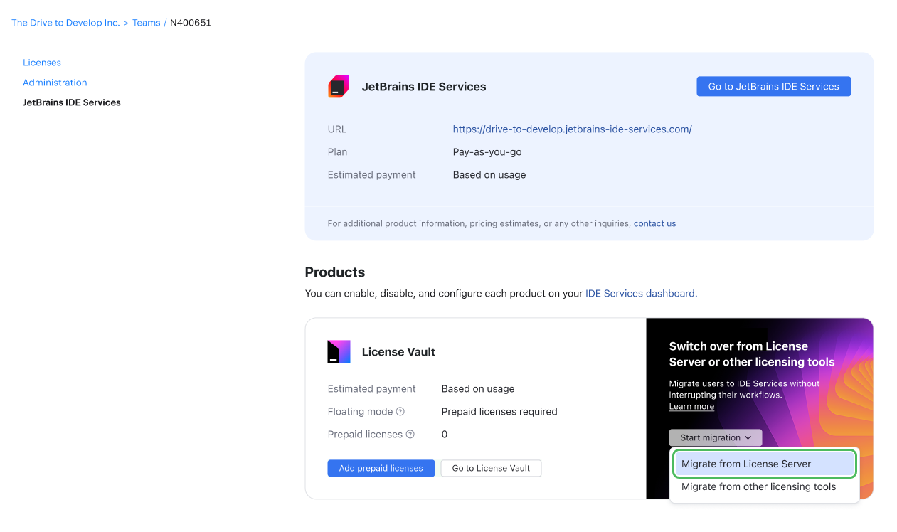 Dropdown with migration options Dropdown with migration options