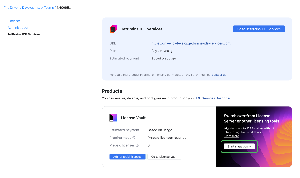 Start migration button Start migration button