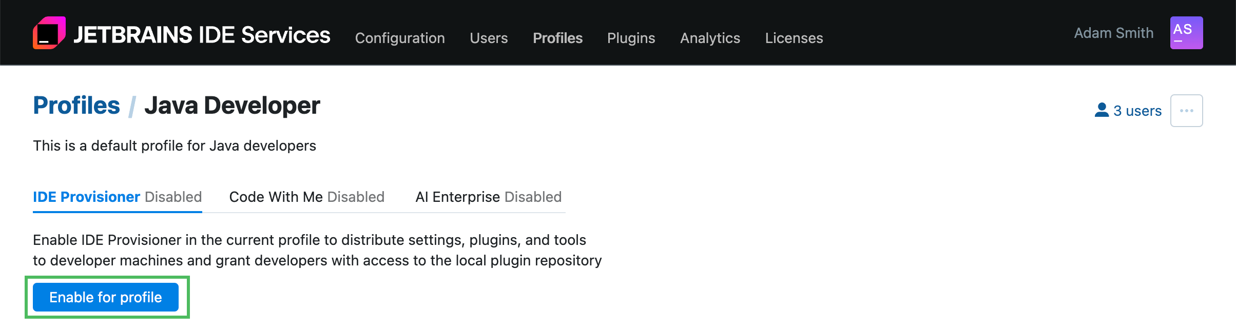 Enable IDE Provisioner for a profile Enable IDE Provisioner for a profile