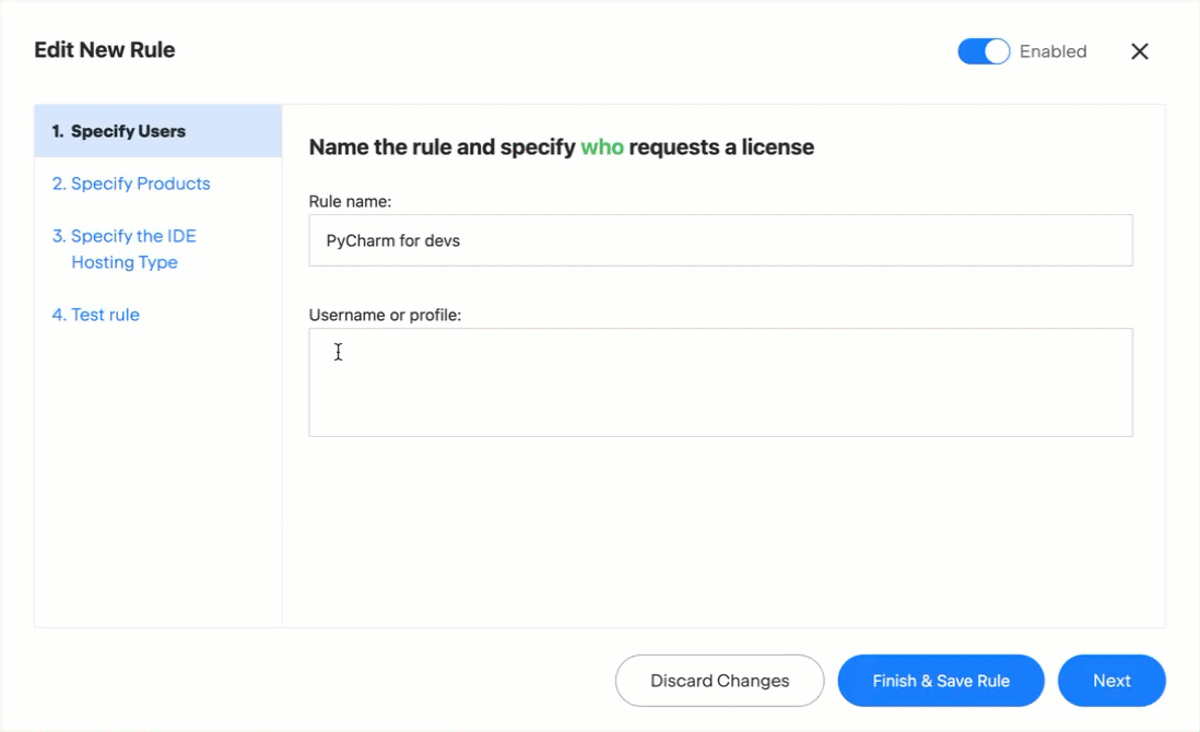 A gif showing the process of specifying user or profile names in the rule settings A gif showing the process of specifying user or profile names in the rule settings