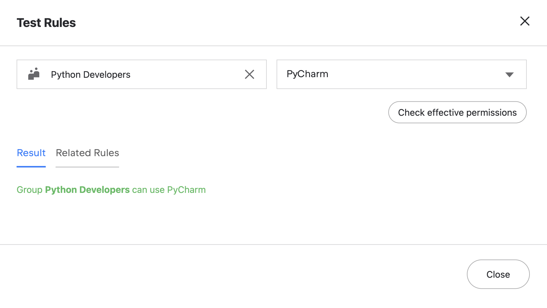 The 'Tests Rule' dialog showing the 'Result' tab The 'Tests Rule' dialog showing the 'Result' tab