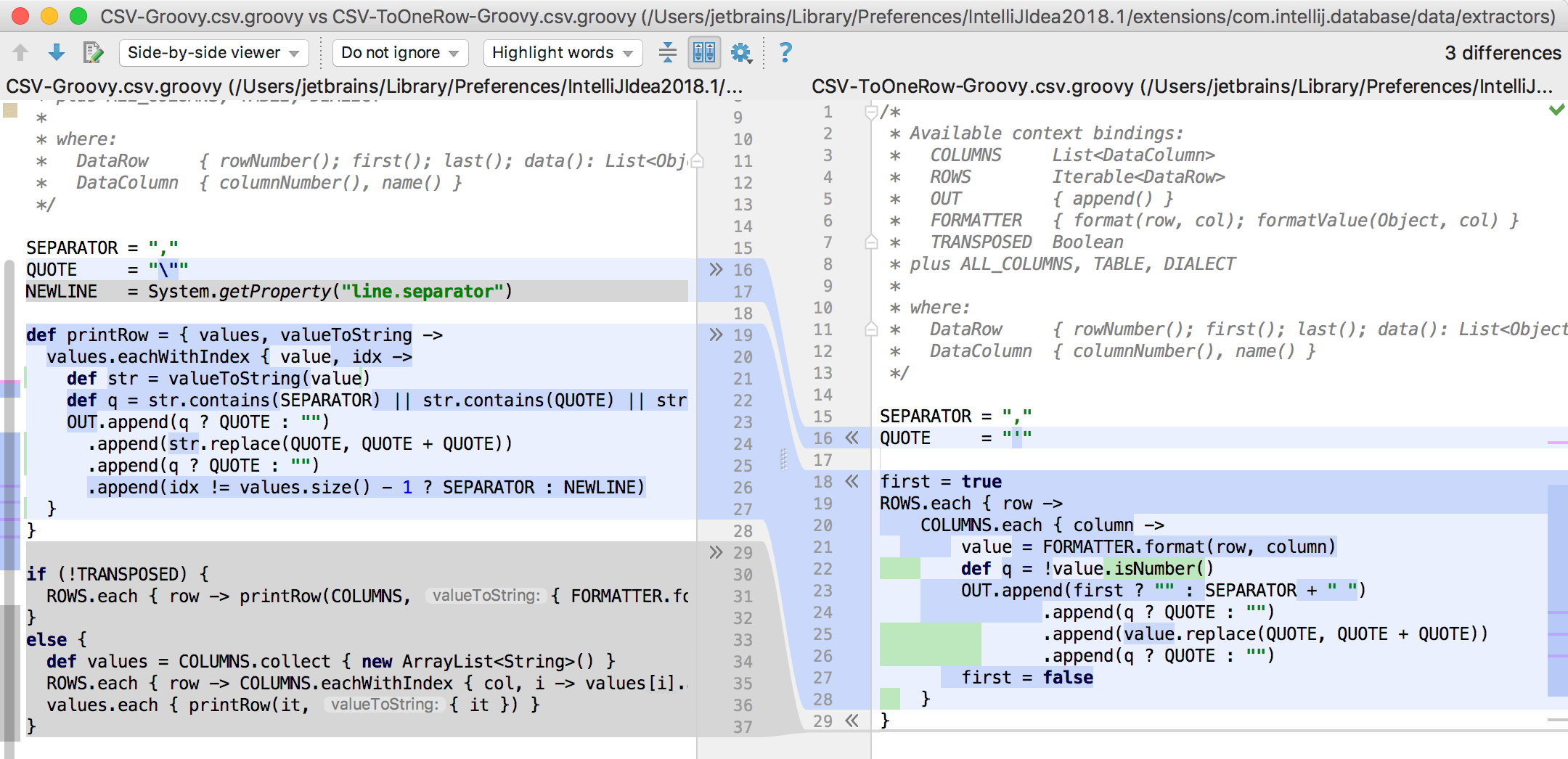 Viewing diff for two scripts