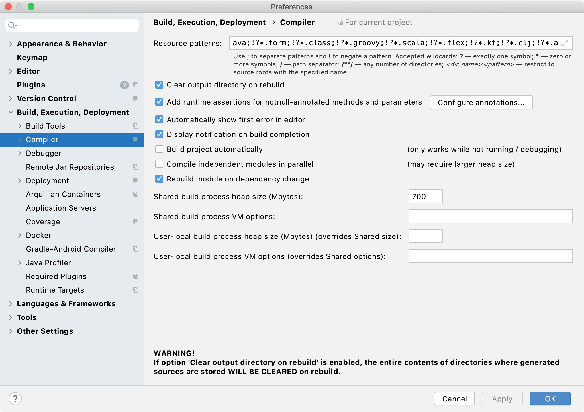 Specifying compiler settings