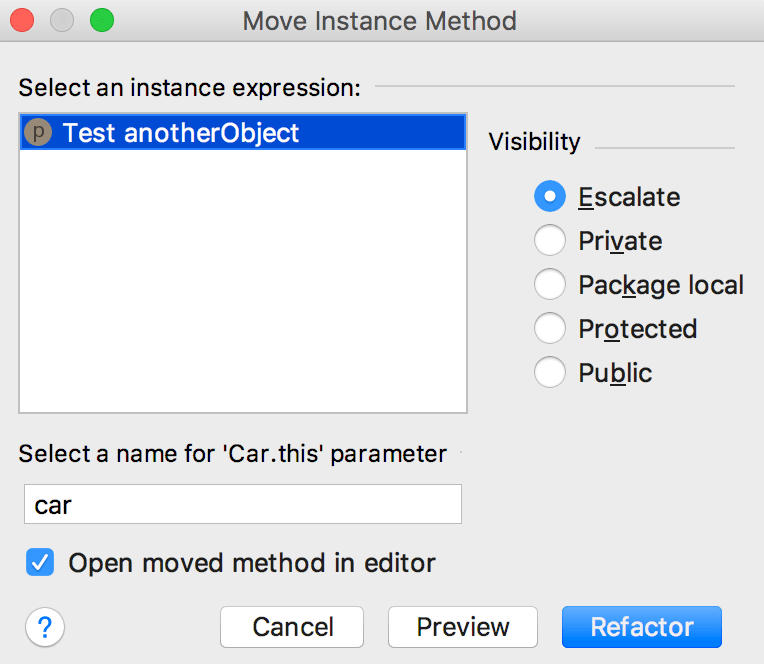 Move instance method dialog Move instance method dialog