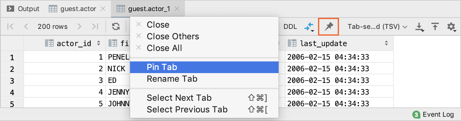 Pin the result tab Pin the result tab