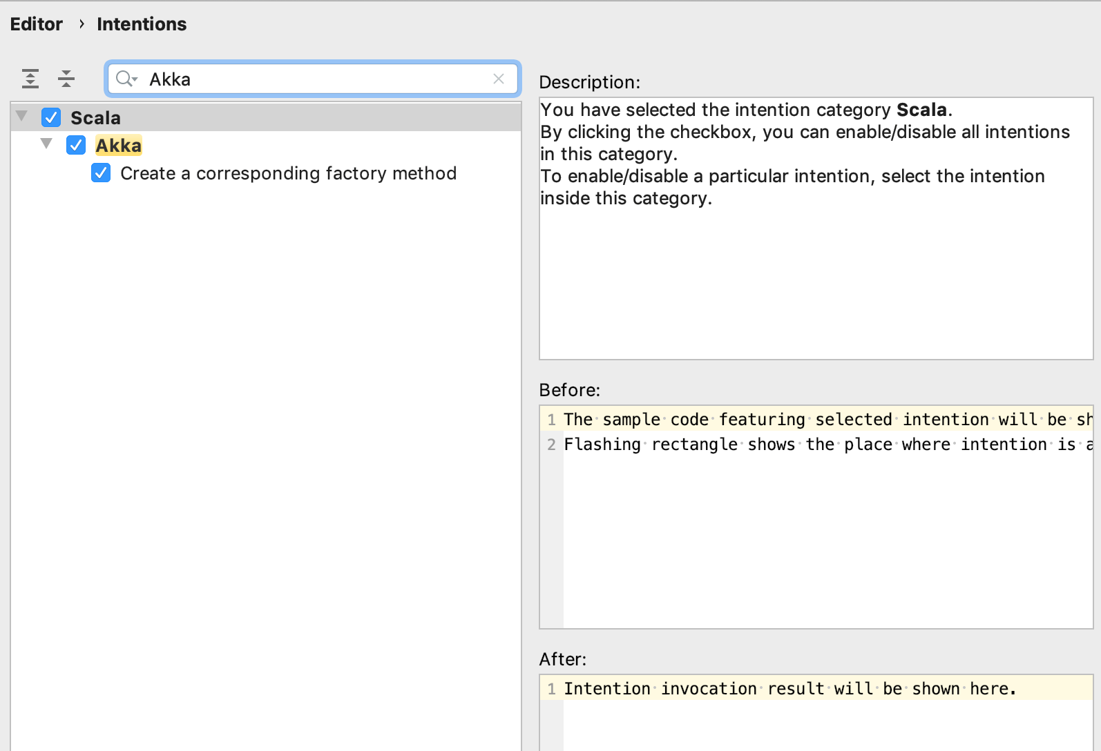 Akka intentions settings Akka intentions settings