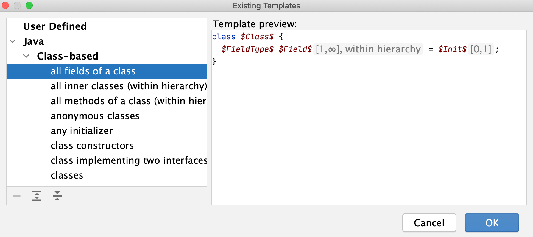 the Existing Templates dialog the Existing Templates dialog