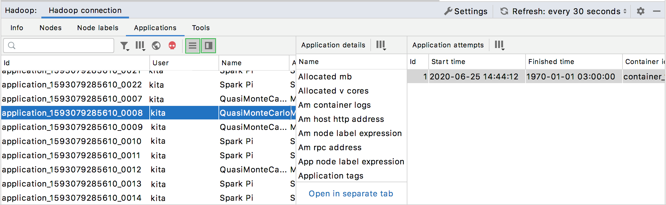 Showing application details Showing application details
