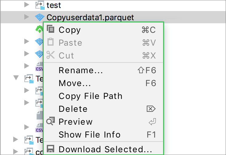 Context menu to work with the data files Context menu to work with the data files
