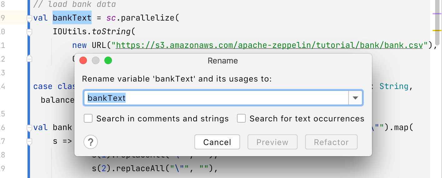 Renaming refactoring for Scala code in a notebook Renaming refactoring for Scala code in a notebook