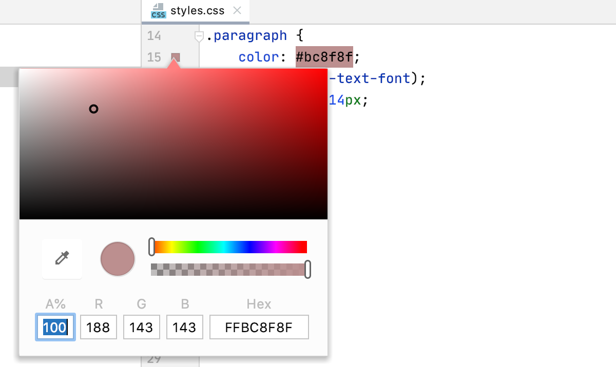 Click color gutter icon to open the color picker Click color gutter icon to open the color picker