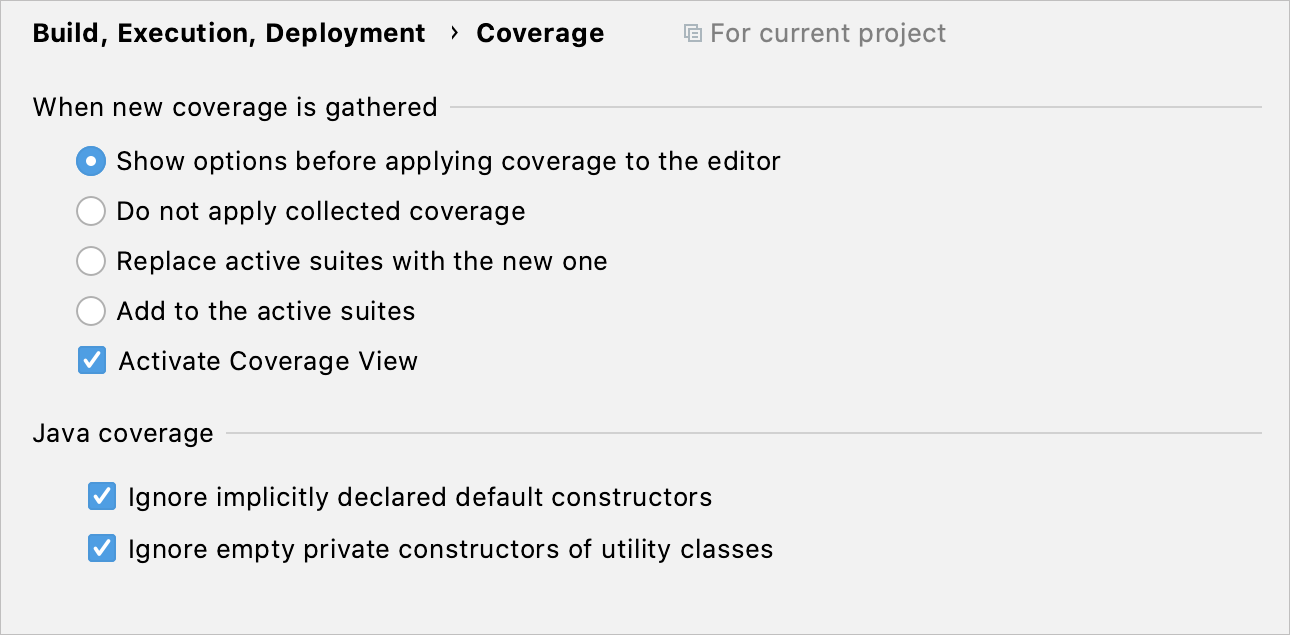 Code Coverage settings page Code Coverage settings page