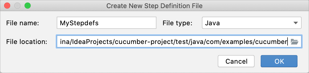 Creating a new file for step definitions Creating a new file for step definitions