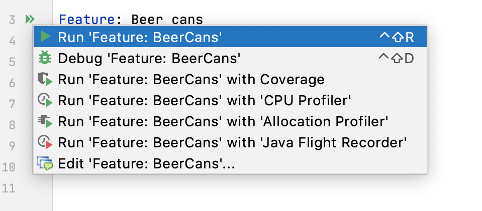 Running a feature using the gutter icon Running a feature using the gutter icon