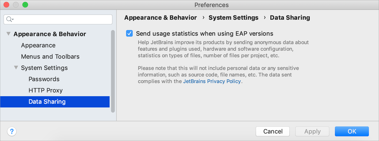 the Data Sharing dialog the Data Sharing dialog