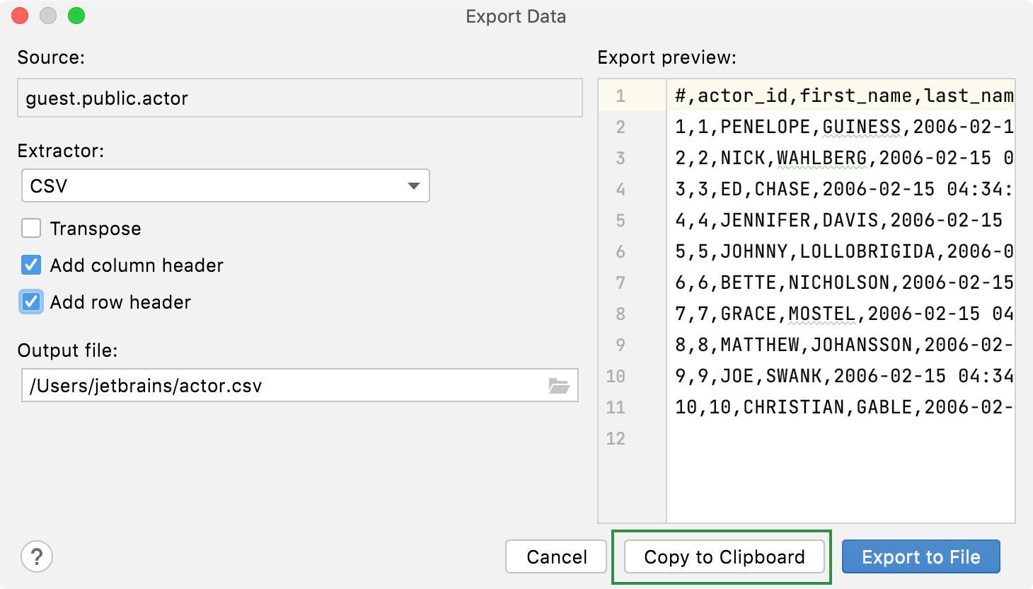 the Export to the clipboard action is in the context menu the Export to the clipboard action is in the context menu