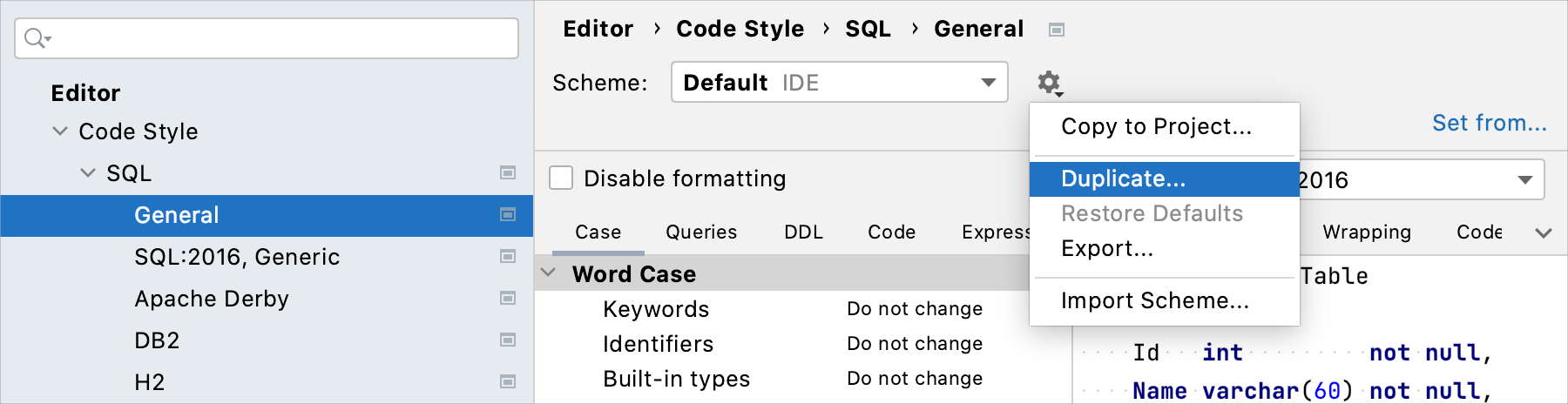 Create a code style for SQL Create a code style for SQL