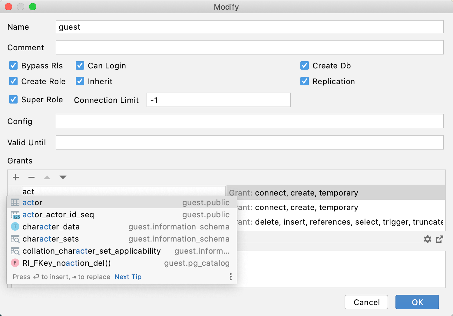 GRANT permissions for users GRANT permissions for users