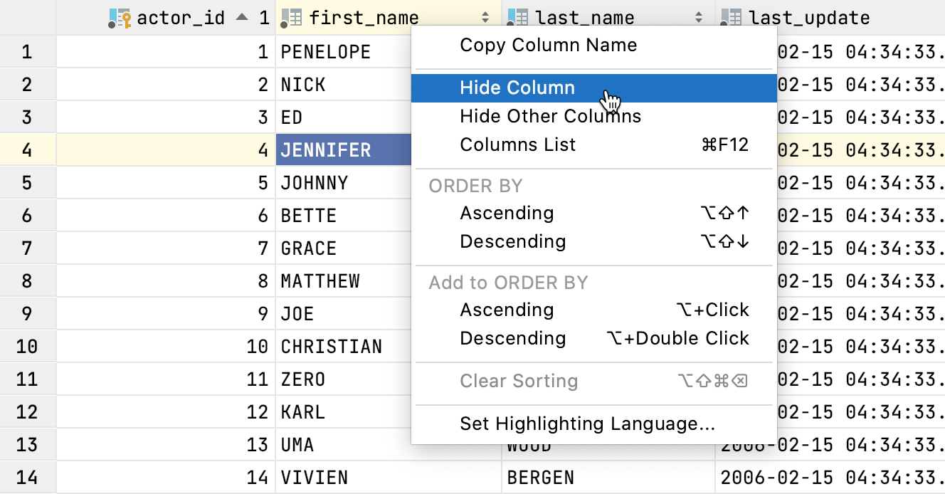 Hide a column Hide a column