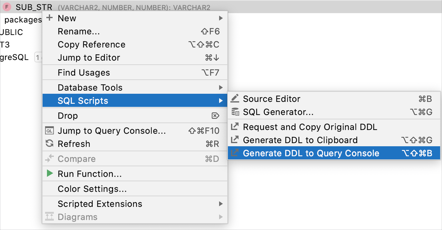 Generate a DDL definition to the query console Generate a DDL definition to the query console