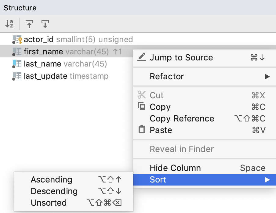 Operations with columns in the structure view Operations with columns in the structure view
