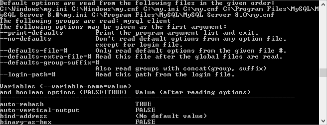 List of options and default settings location in the command line List of options and default settings location in the command line