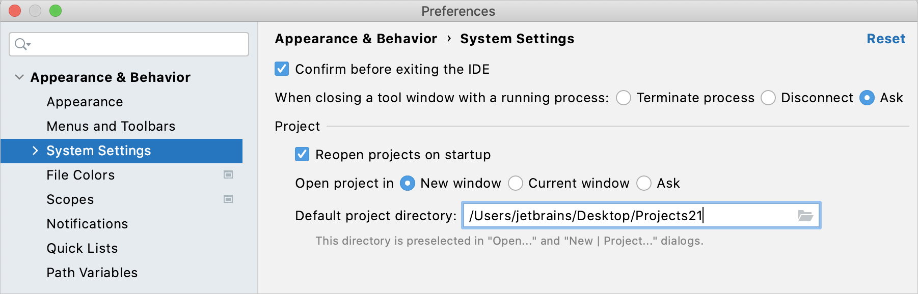 Changing the default location for projects Changing the default location for projects