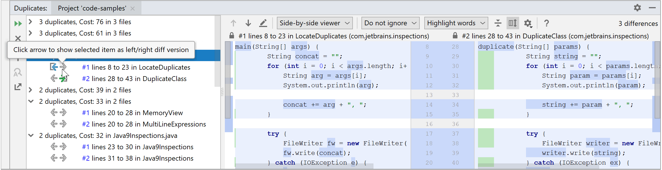 Duplicates tool window Duplicates tool window