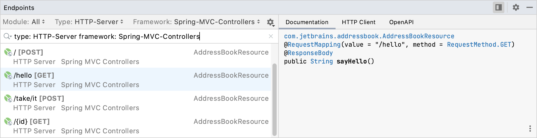 Endpoints tool window: Documentation tab Endpoints tool window: Documentation tab