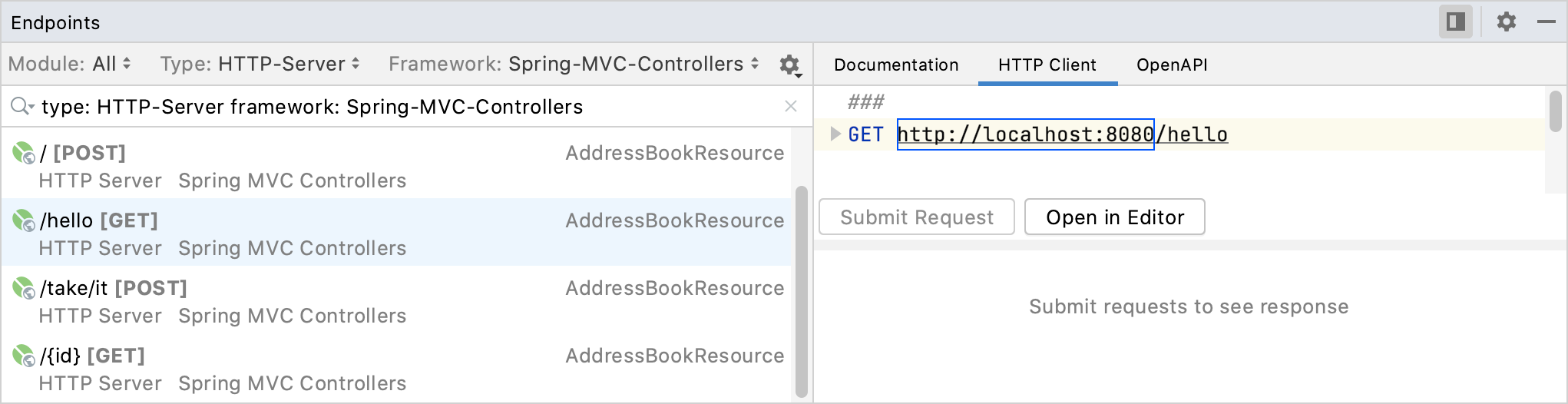 Endpoints tool window: HTTP Client tab Endpoints tool window: HTTP Client tab