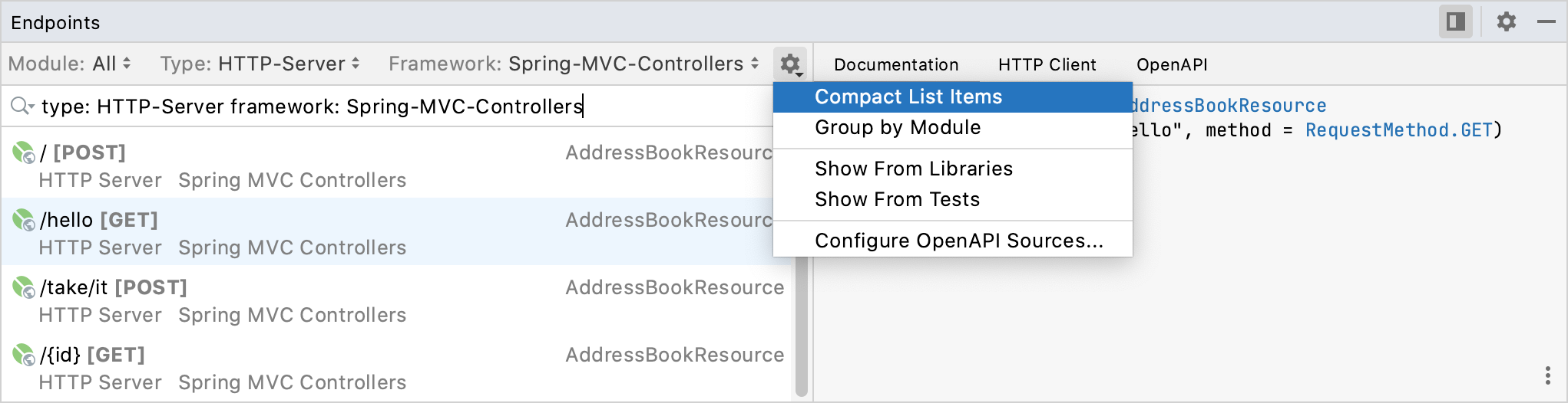 Options of the Endpoints tool window Options of the Endpoints tool window