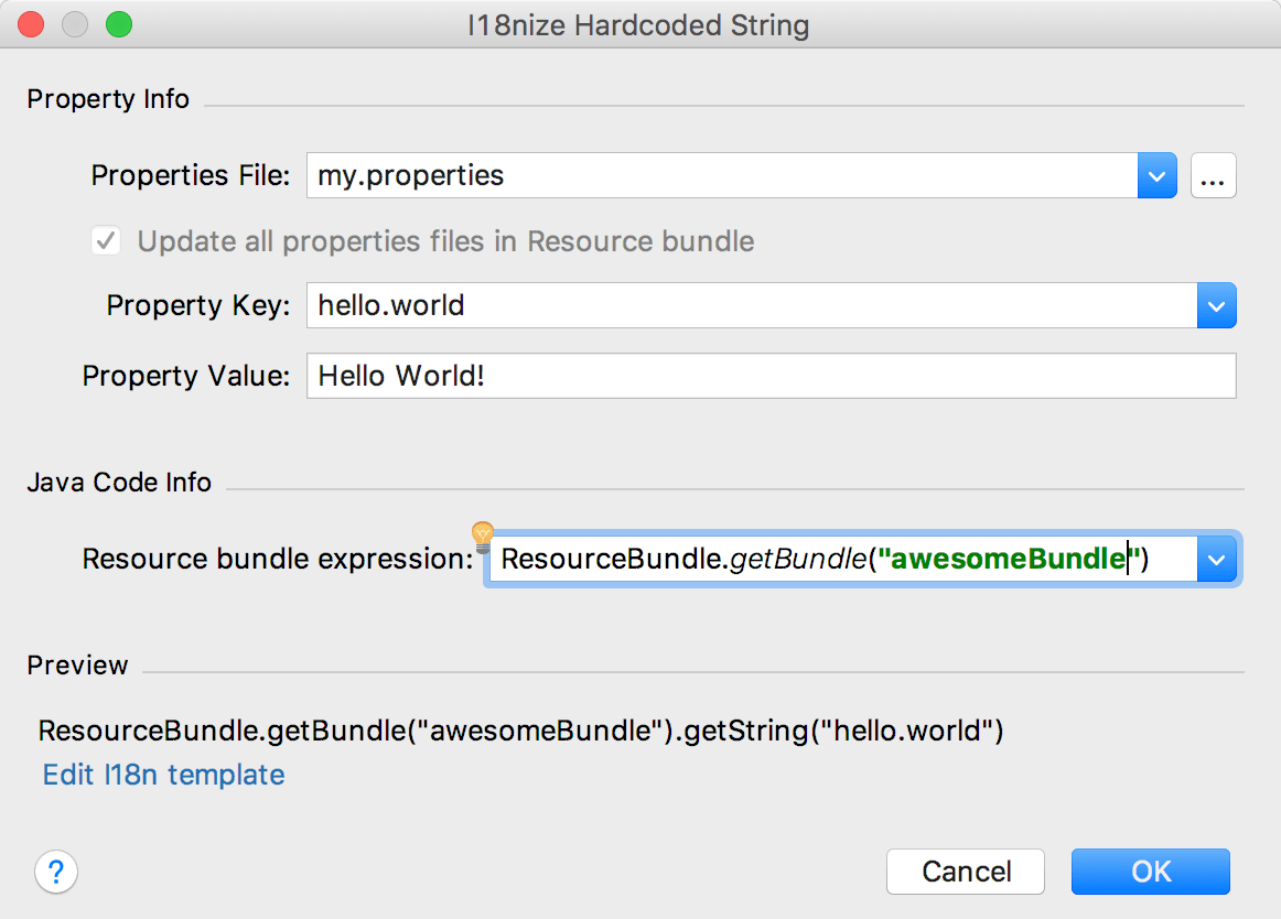 The Internationalize Hardcoded String dialog The Internationalize Hardcoded String dialog