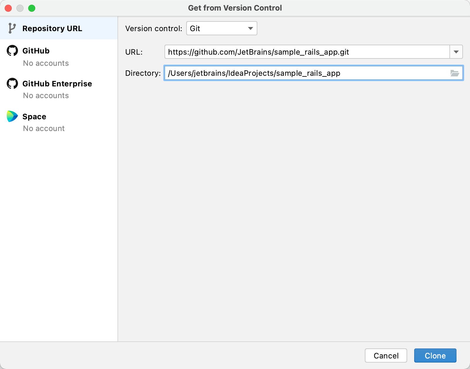 Get from Version Control dialog Get from Version Control dialog