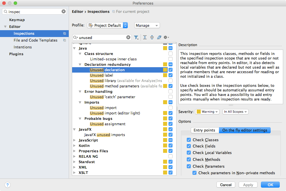 Inspections for finding unused code Inspections for finding unused code