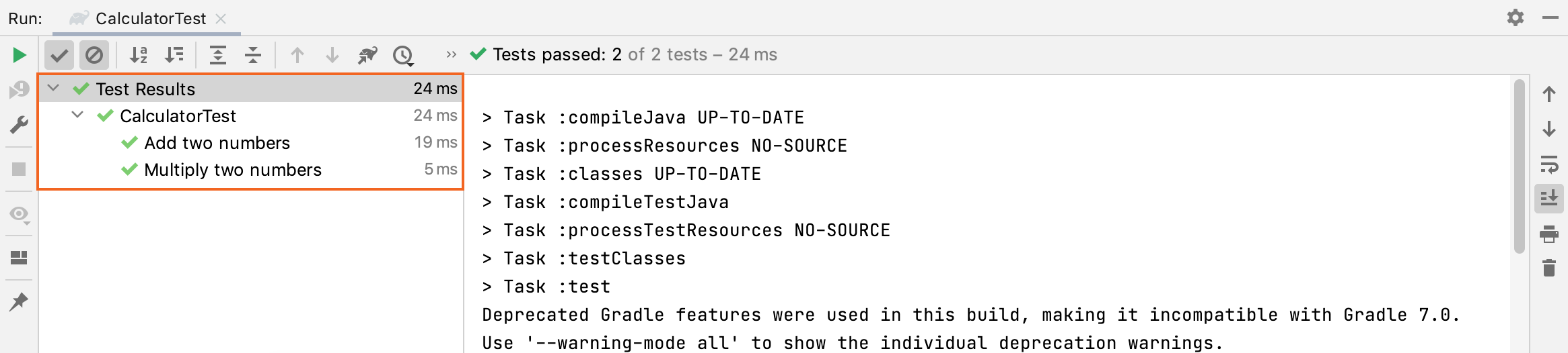 The results of the tests shown in the Run tool window The results of the tests shown in the Run tool window