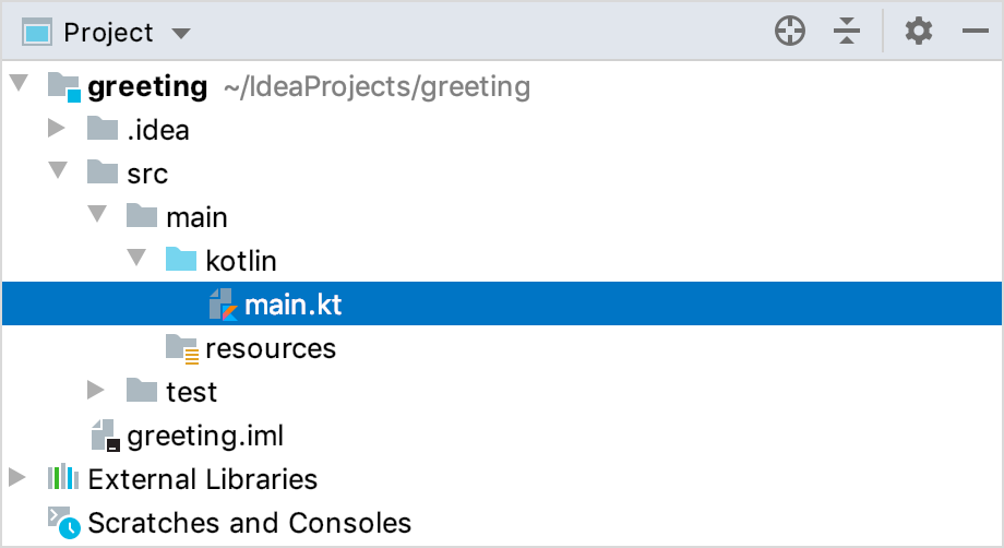 src/main/kotlin/main.kt in the Project tool window src/main/kotlin/main.kt in the Project tool window