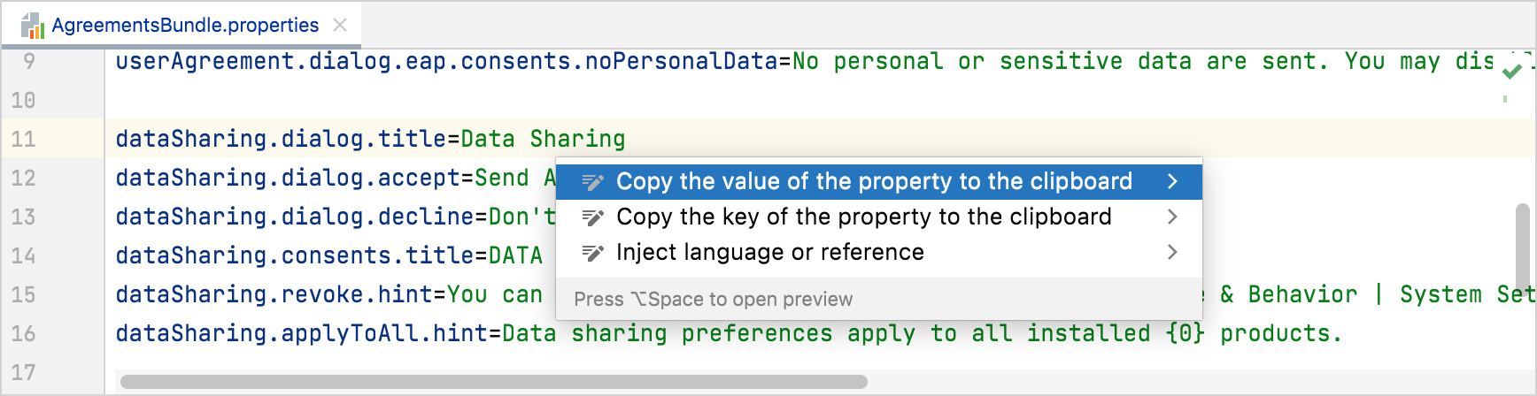 Context actions to copy the key and value of a property Context actions to copy the key and value of a property